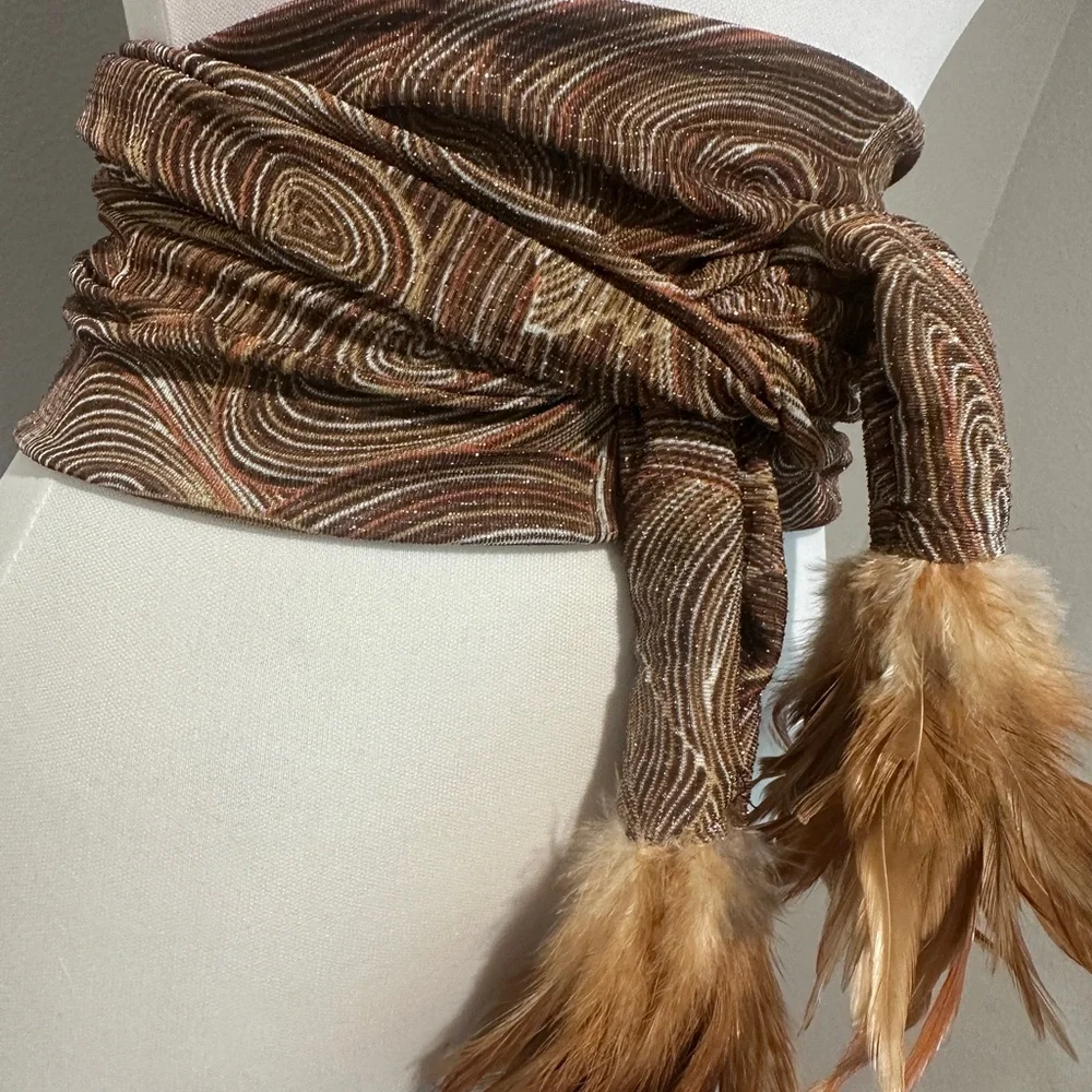 Metallic Boho Festival Scarf Belt with Feather Tassels – Artisan Style Statement